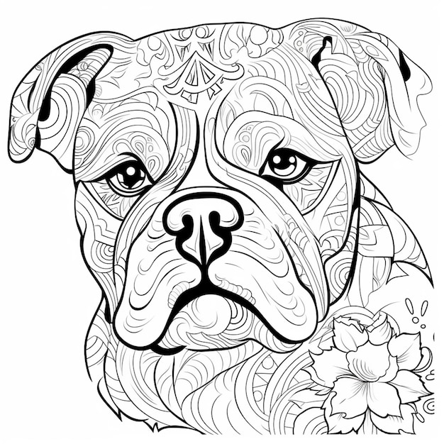 a black and white drawing of a dog with a flower generative ai