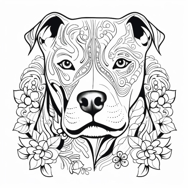 a black and white drawing of a dog with flowers around it generative ai