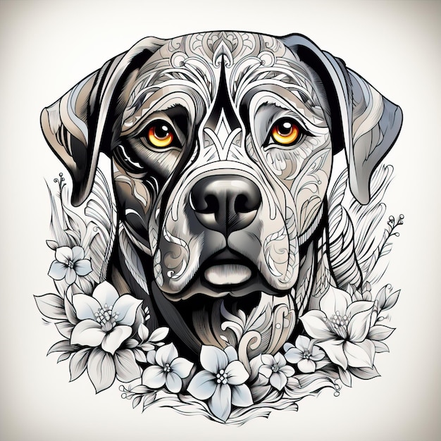 Черно-белый рисунок собаки на фоне цветов