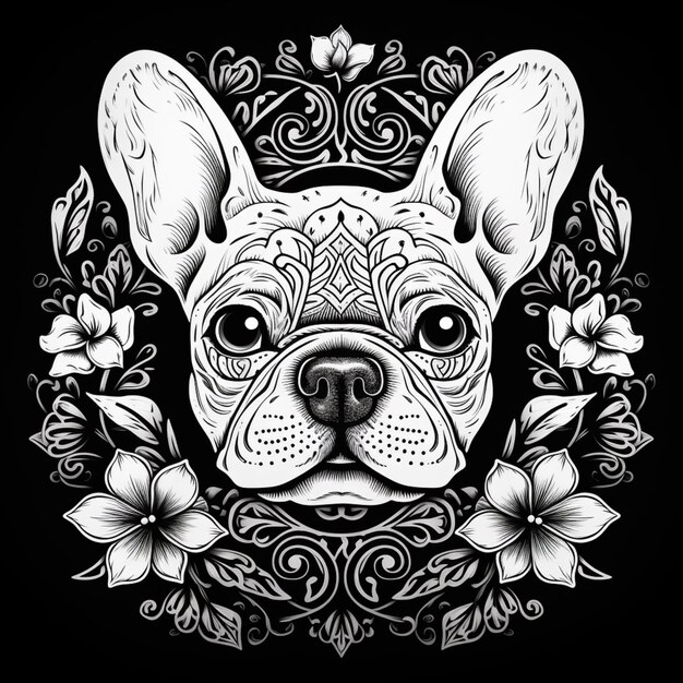 Photo a black and white drawing of a dog with flowers generative ai