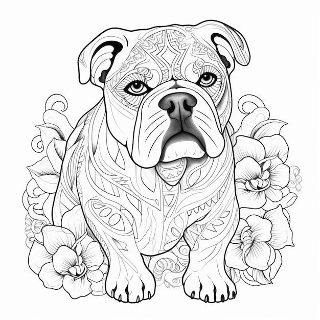 a black and white drawing of a dog with flowers generative ai