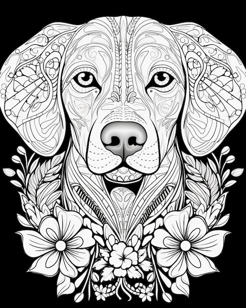 a black and white drawing of a dog with flowers on it generative ai