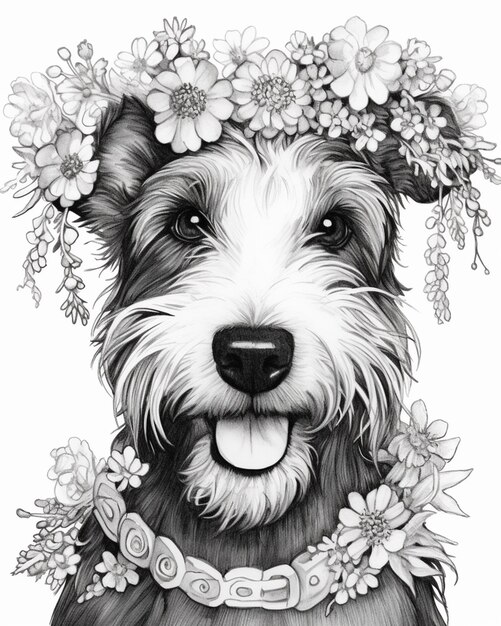 毛に花をつけた犬の黒と白の絵