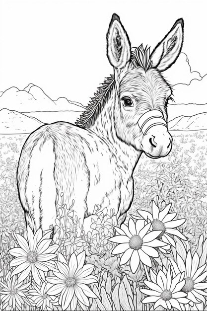 a black and white drawing of a donkey in a field of flowers generative ai