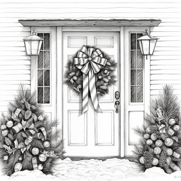 Photo a black and white drawing of a door with a wreath on it