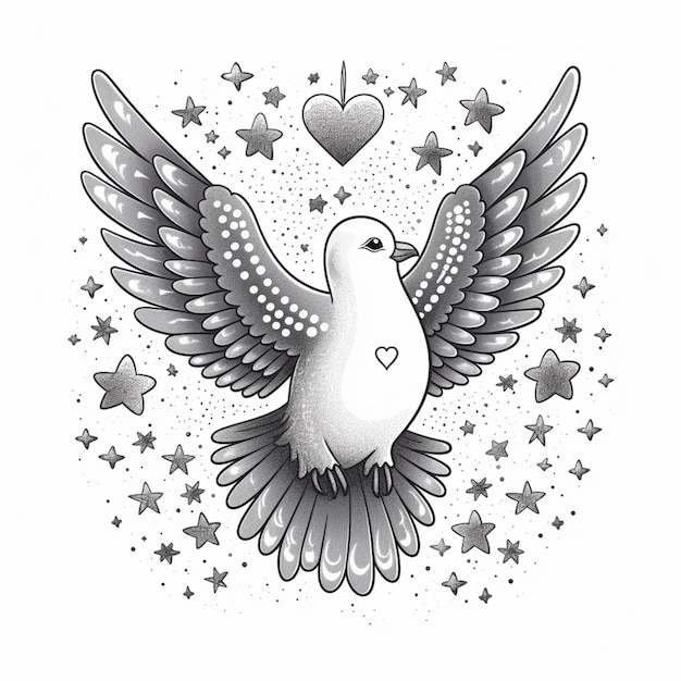 a black and white drawing of a dove with stars around it generative ai