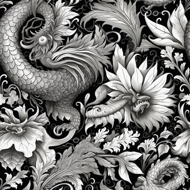 Chinese Dragon & Flowers Black Wallpapers - Dragon Wallpapers