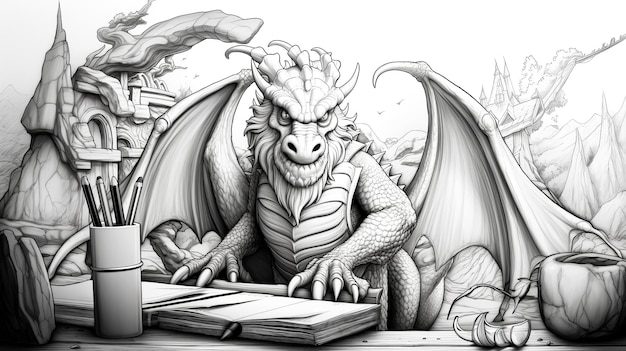 책과 함께 책상에 앉아있는 드래곤의 흑백 그림