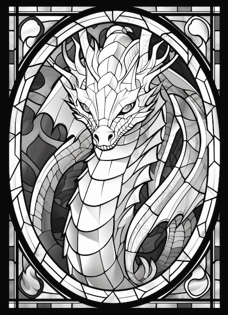 Photo a black and white drawing of a dragon in a stained glass window generative ai