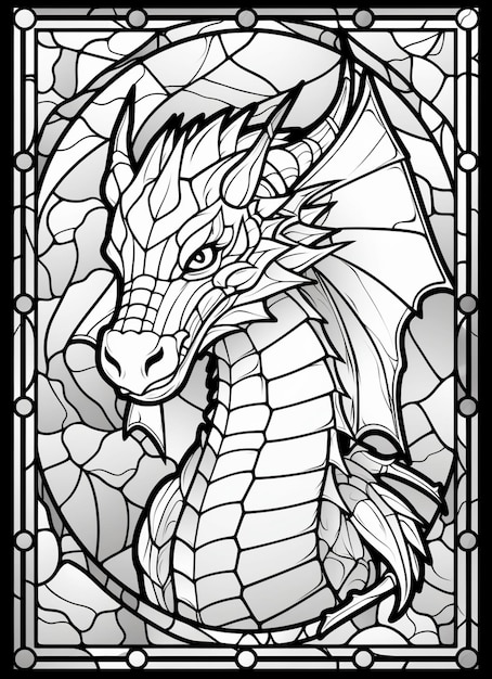 ステンドグラスウィンドウに描かれたドラゴンの黒と白の絵