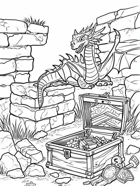 Photo a black and white drawing of a dragon with a box of coins