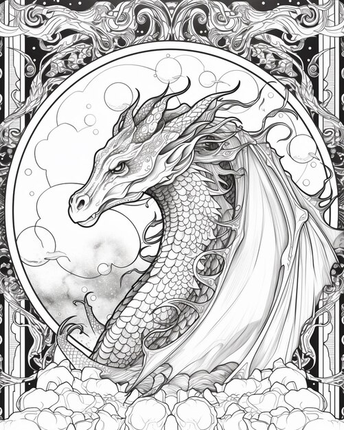 Photo a black and white drawing of a dragon with clouds in the background generative ai