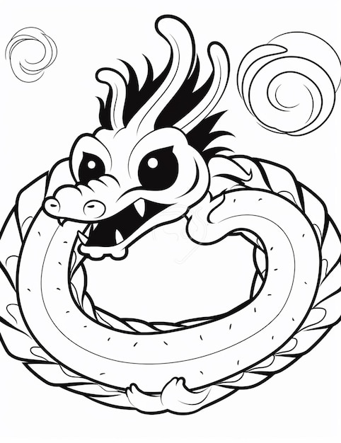 顔と中国語の文字が描かれた白黒のドラゴンの絵。