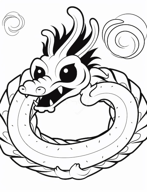 A black and white drawing of a dragon with a face and the words chinese on it.