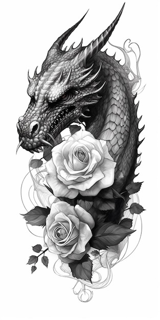 A black and white drawing of a dragon with roses generative ai