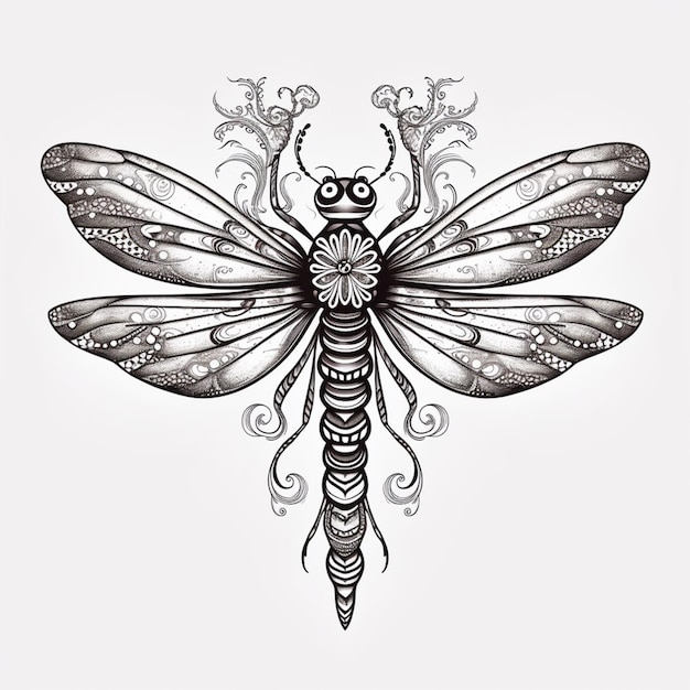 Photo a black and white drawing of a dragonfly with intricate designs generative ai