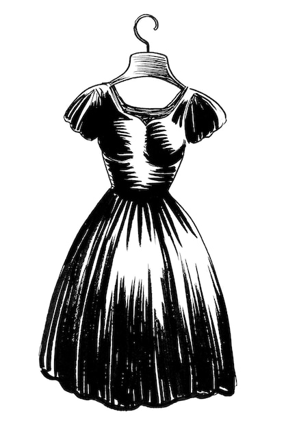 A black and white drawing of a dress on a hanger.