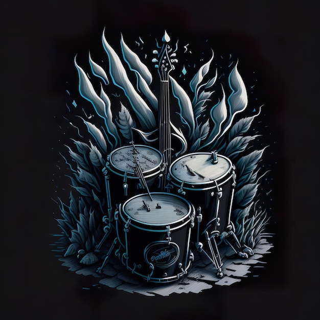 A black and white drawing of a drum set with a guitar on it.