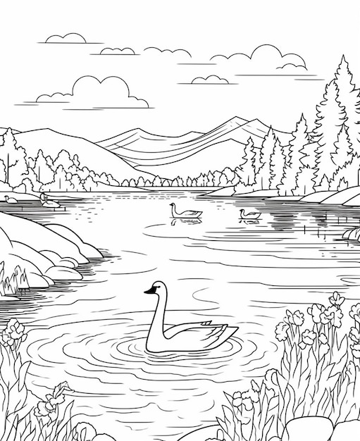 a black and white drawing of a duck swimming in a lake generative ai