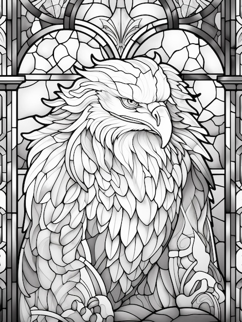 a black and white drawing of an eagle in a stained glass window generative ai