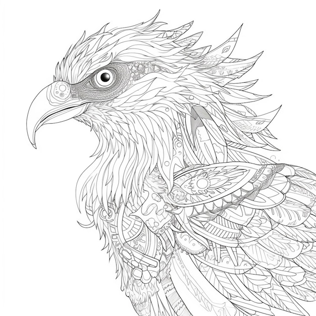 A black and white drawing of an eagle with a pattern on its head.