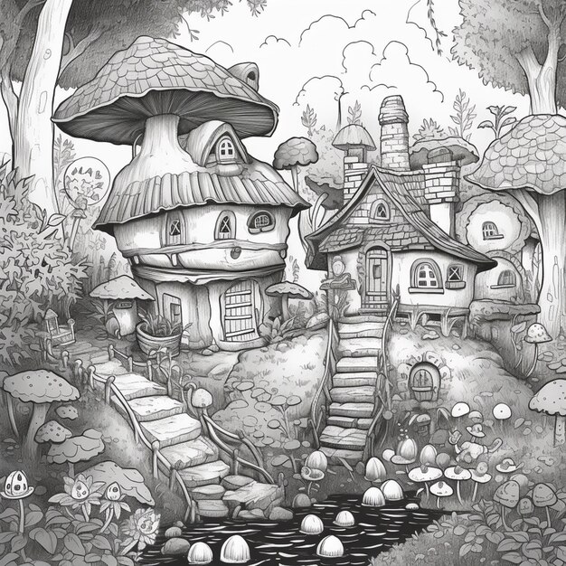 A black and white drawing of a fairy tale village.