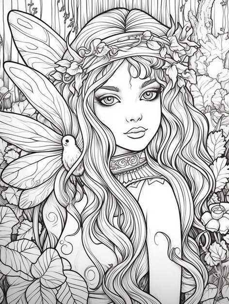 Foto un disegno in bianco e nero di una fata con una farfalla sulla testa generativa ai