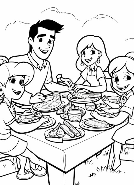 a black and white drawing of a family eating at a table generative ai