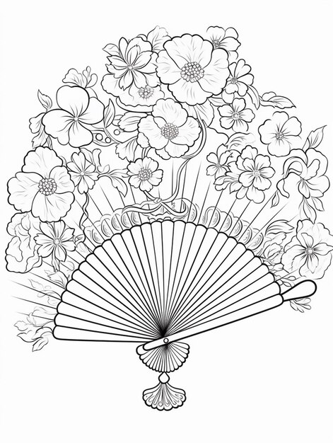 Photo a black and white drawing of a fan with flowers generative ai