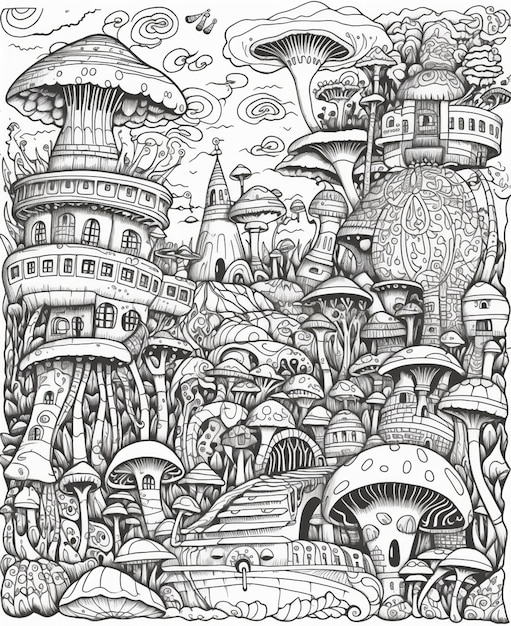 A black and white drawing of a fantasy landscape with a mushroom house and a castle.