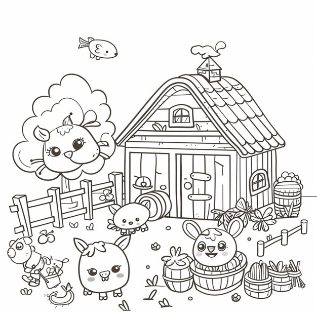 Photo a black and white drawing of a farm with animals and a house generative ai