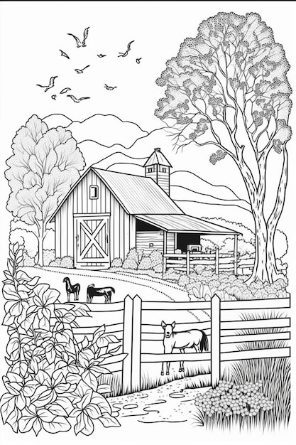 a black and white drawing of a farm with a barn and a fence generative ai