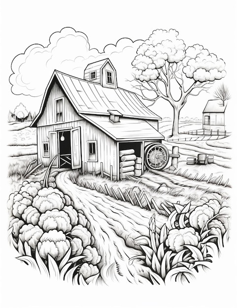 a black and white drawing of a farm with a barn and a wheel generative ai