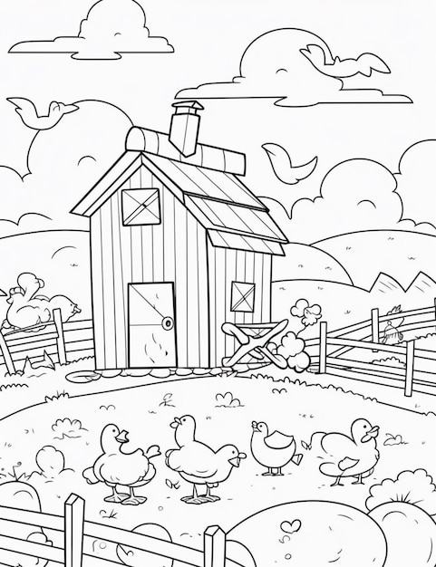 Photo a black and white drawing of a farm with chickens and a barn generative ai