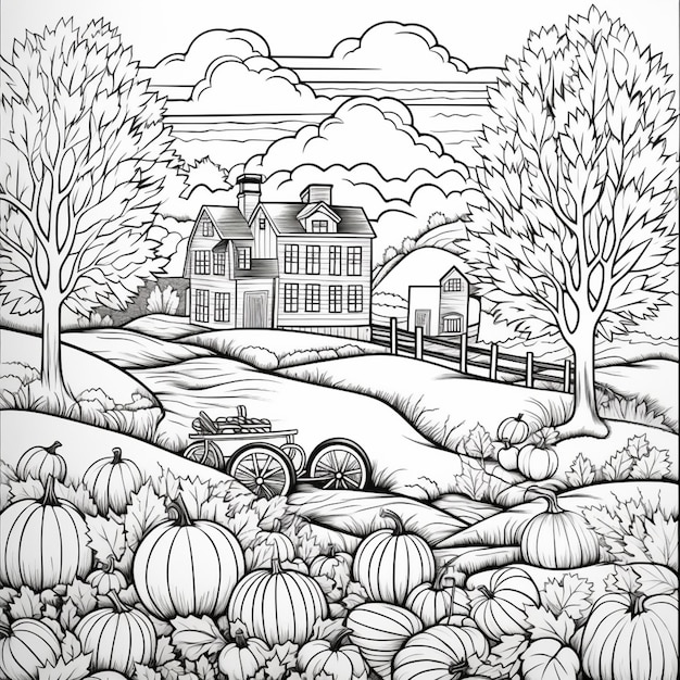 a black and white drawing of a farm with pumpkins generative ai