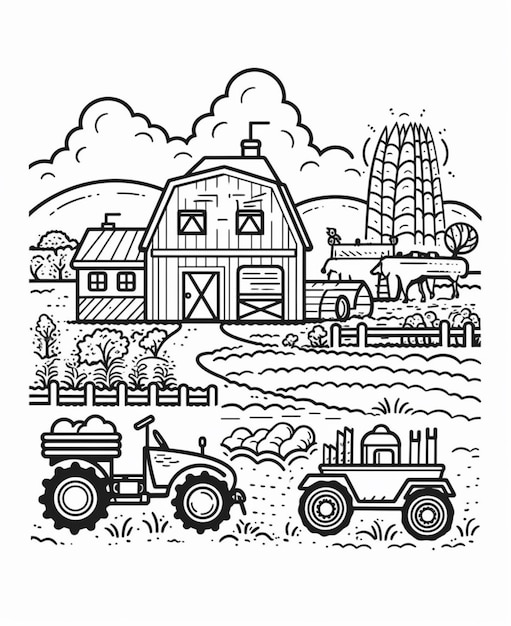 a black and white drawing of a farm with a tractor and farm buildings generative ai