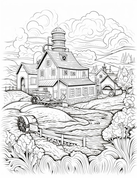 a black and white drawing of a farm with a water wheel generative ai