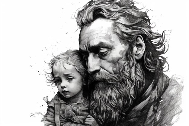 A black and white drawing of a father and child