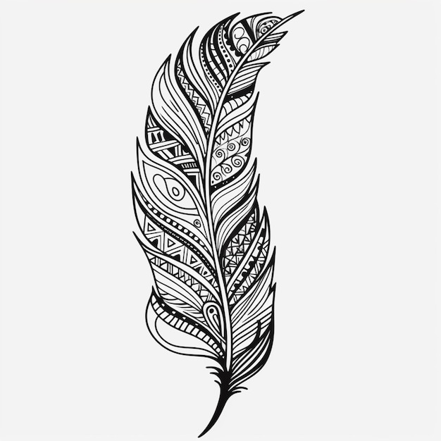 Photo a black and white drawing of a feather with a pattern on it generative ai