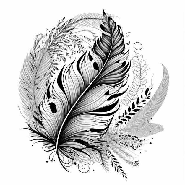 a black and white drawing of a feather with a swirl generative ai