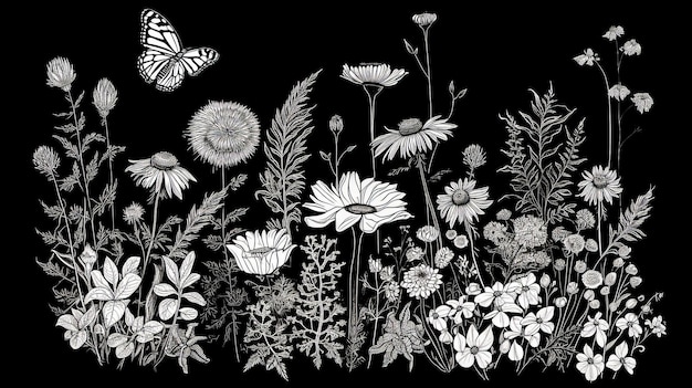 Black and white drawing of field of wildflowers and butterflies Generative AI