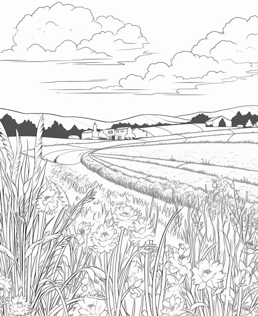 a black and white drawing of a field with flowers and a farm generative ai