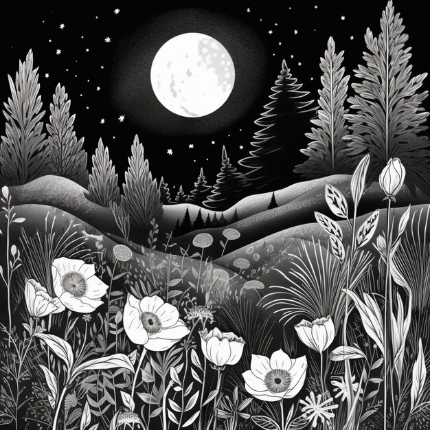 Photo a black and white drawing of a field with flowers and a full moon generative ai
