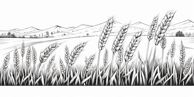 Photo a black and white drawing of a field with wheat generative ai