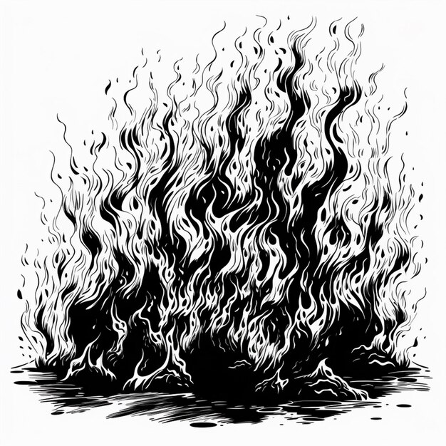 a black and white drawing of a fire with flames generative ai