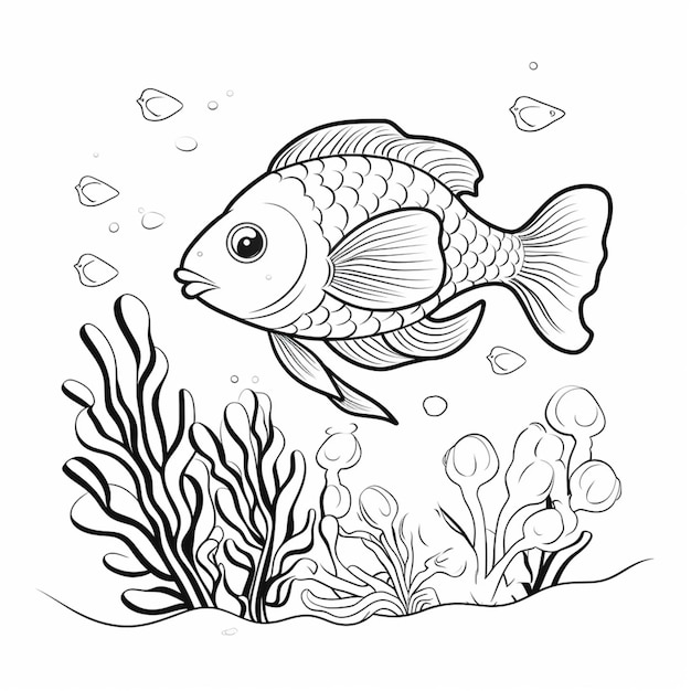 a black and white drawing of a fish swimming in the ocean generative ai