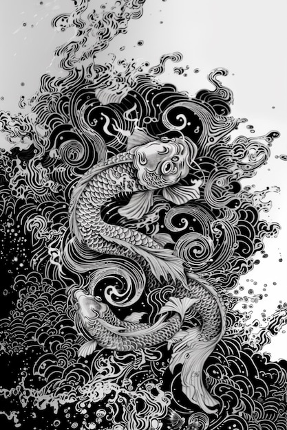 a black and white drawing of a fish in the water generative ai
