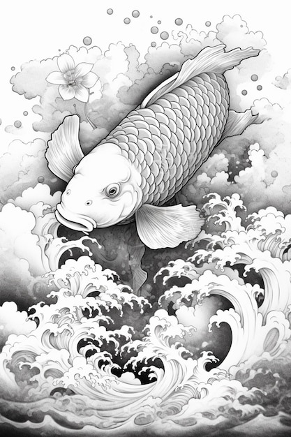 a black and white drawing of a fish in the water generative ai