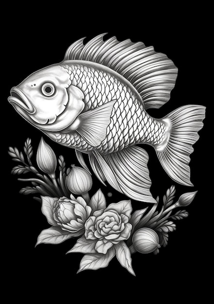 Photo a black and white drawing of a fish with flowers on a black background generative ai