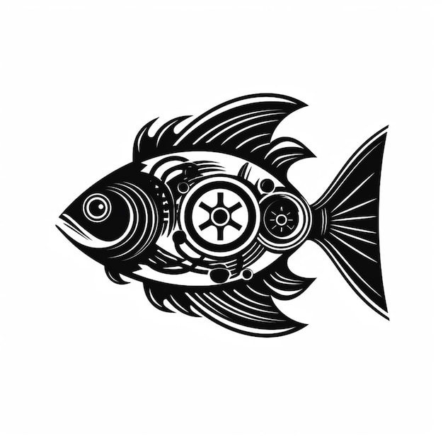 Photo a black and white drawing of a fish with gears on its back generative ai